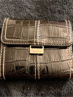 Liz Claiborne Black Croc-Embossed Patent Wallet with Silver Logo Plate